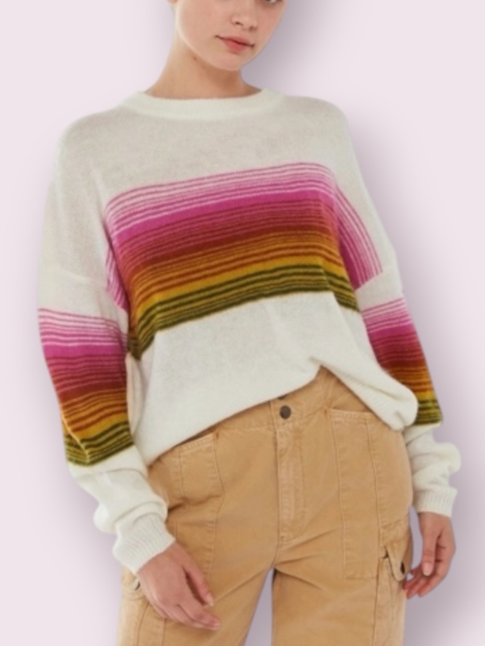 Urban Outfitters Sofia Striped Brushed Knit Pullover Sweater Cream Pink Small